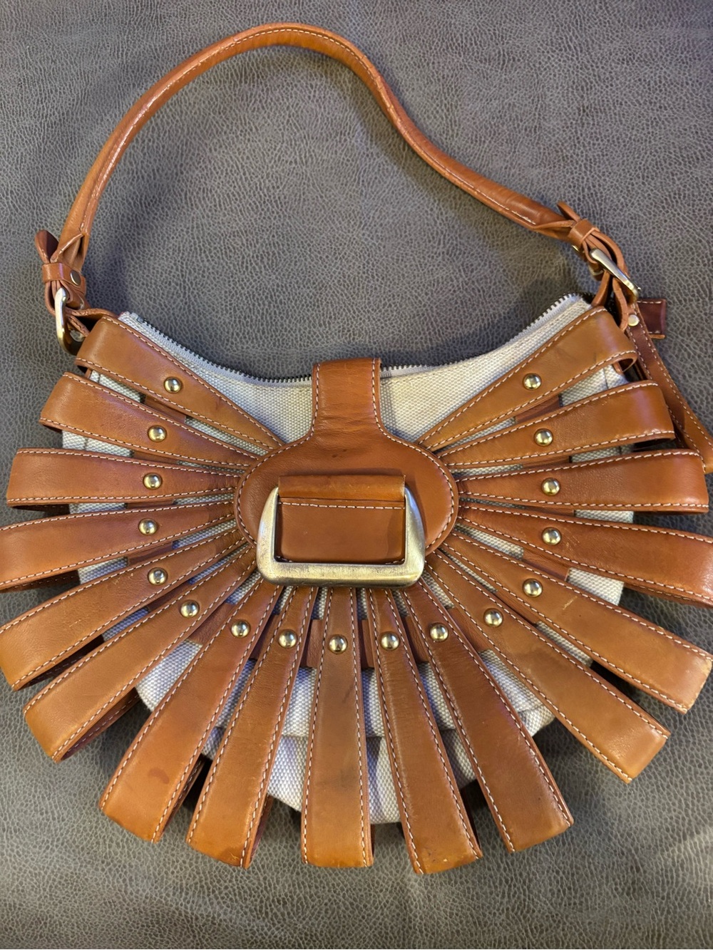 Tan Leather-Trim Fan Detail Shoulder Bag